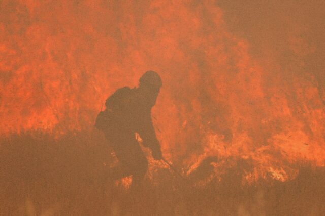 A firefighter battles a wildfire near the village of Pumarejo de Tera in northwestern Spai