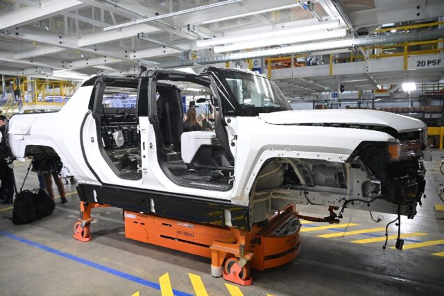 A GMC Hummer EV seen on an assembly line in Michigan is part of the new electric fleet bei