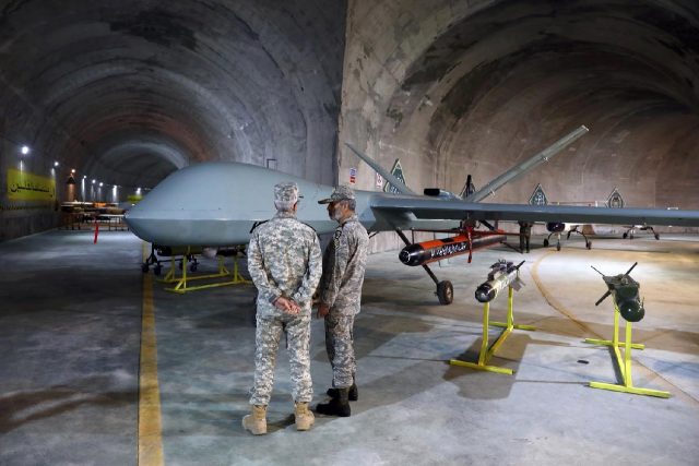 Iranian military unmanned aerial vehicles (UAVs or drones) at an underground base in an un