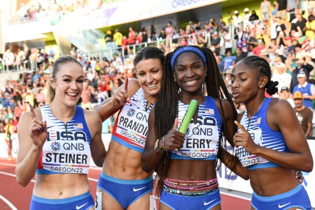 The USA's 4x100m women's relay team celebrate gold at the World Championships on Saturday