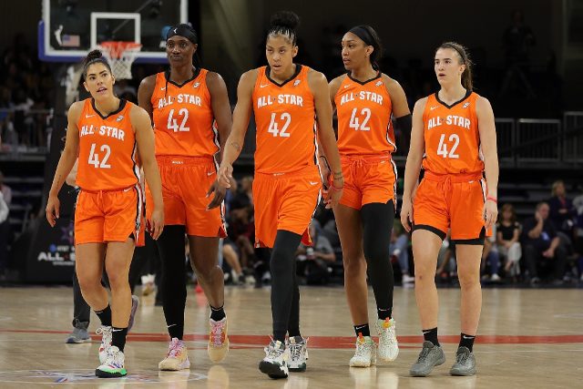 Women's NBA All-Stars, from left, Kelsey Plum, Sylvia Fowles, Candace Parker, A'ja Wilson