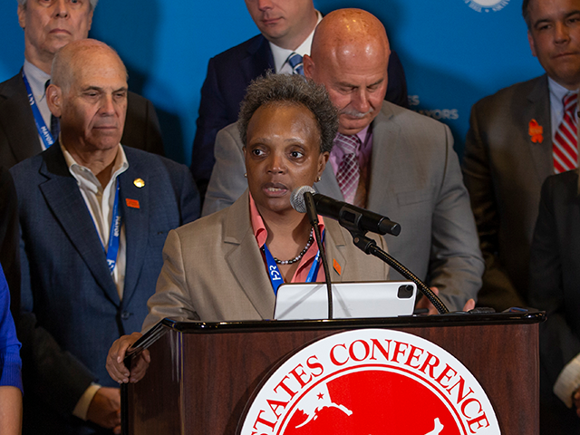 Chicago Mayor Lori Lightfoot speaks speaks at a press conference during the U.S. Conferenc