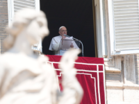 Pope Francis delivers his message during the Angelus noon prayer in St. Peter's Square, at the Vatican, Sunday, Aug. 7, 2022. (AP Photo/Gregorio Borgia)