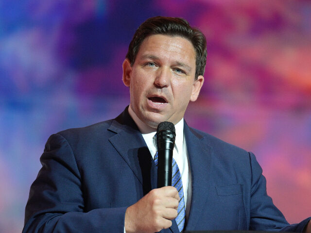 FILE - Florida Gov. Ron DeSantis addresses attendees during the Turning Point USA Student