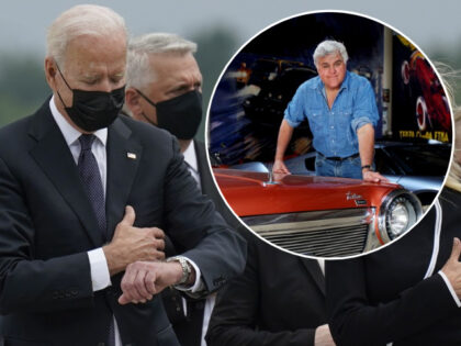 (INSET: Jay Leno for Jay Leno's Garage) President Joe Biden, first lady Jill Biden, Secretary of State Antony Blinken, behind Biden, and others attend a casualty return as a carry team finishes placing a transfer case containing the remains of Marine Corps Cpl. Daegan W. Page, 23, of Omaha, Neb., …