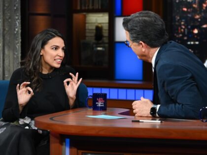 The Late Show with Stephen Colbert and guest Rep. Alexandria Ocasio-Cortez during Tuesday’s June 28, 2022, show. (Scott Kowalchyk/CBS via Getty Images)