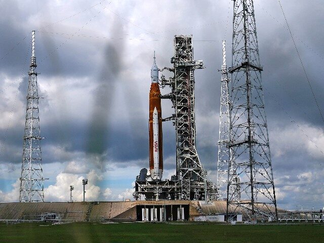 The Artemis 1 rocket stands ready on Launch Pad 39-B at the Kennedy Space Center, Friday,