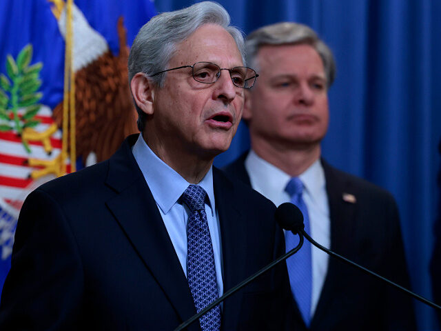 WASHINGTON, DC - APRIL 06: U.S. Attorney General Merrick Garland speaks during a press conference, alongside FBI Director Christopher Wray at the U.S. Justice Department on April 06, 2022 in Washington, DC. Garland announced new measures the DOJ would be taking to prosecute criminal Russian activity. (Photo by Anna Moneymaker/Getty …