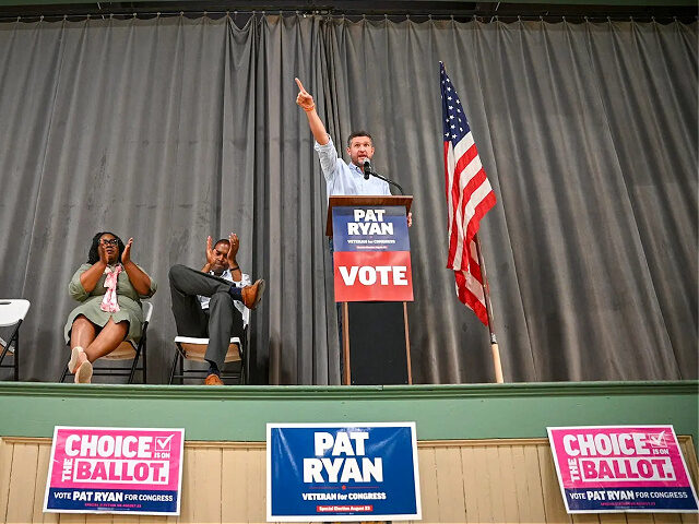 KINGSTON, NY - AUG. 13, 2022: Democratic candidate Pat Ryan, right, speaks during a rally