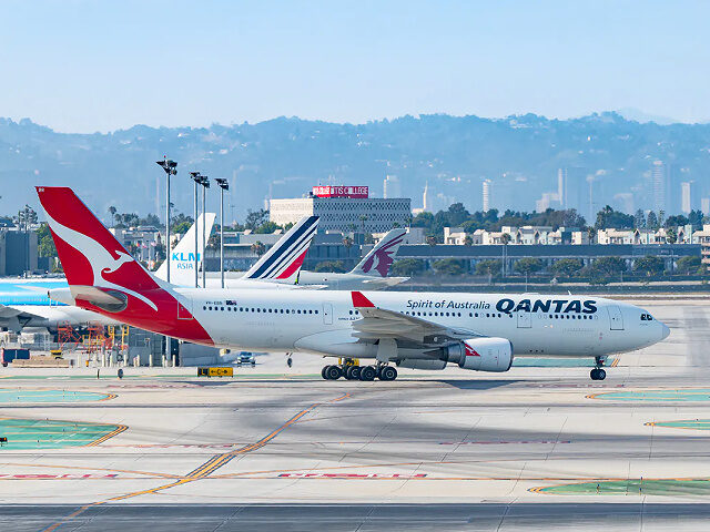 LOS ANGELES, CA - JULY 30: Qantas Airways Airbus A330-200 prepares to take off at Los Angeles international Airport on July 30, 2022 in Los Angeles, California. (Photo by AaronP/Bauer-Griffin/GC Images)