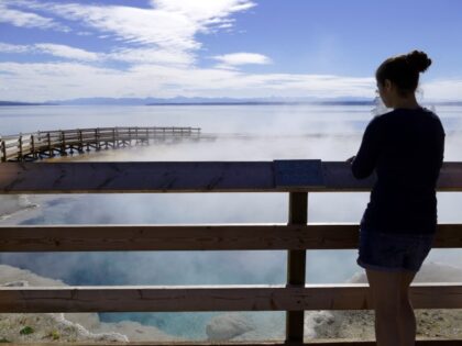 A visitor comtemplates a thermal pool at Yellowstone National Park (Diane Renkin / Yellowstone National Park / Public domain)