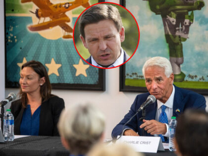 Nikki Fried, left, and Charlie Crist answer questions during a gubernatorial forum June 15, 2022, at The Box Gallery in West Palm Beach, Florida. (Michael Laughlin/South Florida Sun-Sentinel/Tribune News Service via Getty Images) / Ron DeSantis inset (Wilfredo Lee/AP)