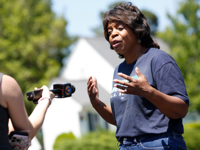 PITTSBORO, NC - May 17: Senate candidate Cheri Beasley talks with the media outside a poll
