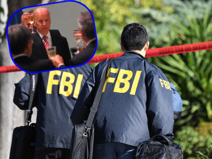 FBI members walking away/Inset: Joe Biden raising glasses (ROBYN BECK/AFP via Getty Images)