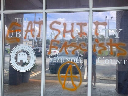 A Republican Party campaign office in Seminole County, Florida, was vandalized over the weekend with spray paint words that read “Eat S**t Fascists” and featured an anarchist symbol.