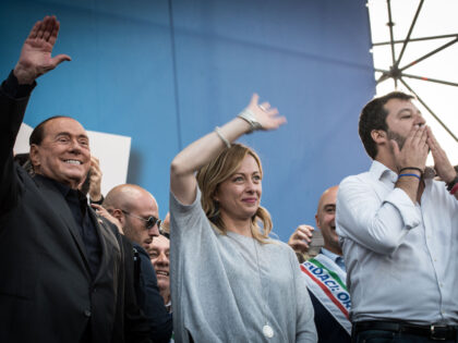 From left, Silvio Berlusconi, Giorgia Meloni and Matteo Salvini addresse a rally in Rome, Saturday, Oct. 19, 2019. Thousands of protesters are gathering in Rome for a so-called "Italian Pride" rally, which brings together the right-wing League of Salvini, the far-right Brothers of Italy of Giorgia Meloni and former premier …