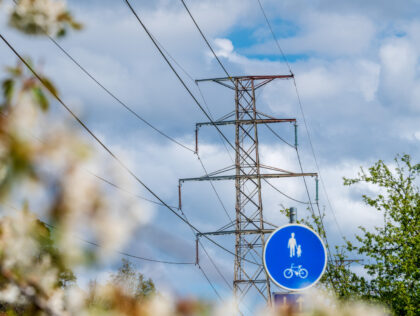 Electricity pylons and electrical power lines against a blue sky in Sweden. Photographer: Mikael Sjoberg/Bloomberg