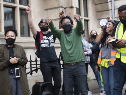 OXFORD, ENGLAND - JUNE 09: Demonstrators gather outside University of Oxford's Oriel College during a protest called by the Rhodes Must Fall campaign on June 09, 2020 in Oxford, United Kingdom. The death of George Floyd in the U.S. last May 25, in Minneapolis, at the hands of police, has …