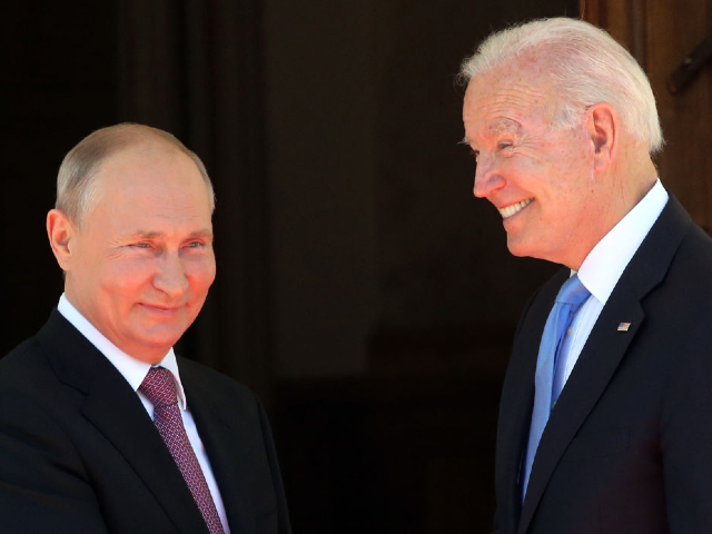 GENEVA, SWITZERLAND - JUNE 16 (RUSSIA OUT): Russian President Vladimir Putin (L) greets President of USA Joe Biden (R) during the US - Russia Summit 2021 at the La Grange Villa near the Geneva Lake, on June 16, 2021 in Geneva, Switzerland. U.S.President Joe Biden is meeting Russian President Putin in Geneva for the first time as presidents on Wednesday. (Photo by Mikhail Svetlov/Getty Images)
