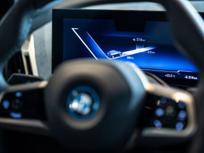 29 September 2021, Bavaria, Garching: A range indicator is seen in the fully digital instrument cluster of a BMW iX during a BMW interior press event. Photo: Matthias Balk/dpa (Photo by Matthias Balk/picture alliance via Getty Images)