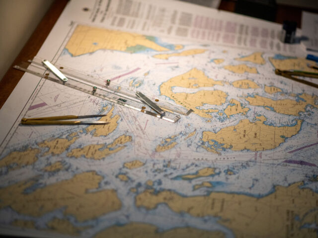 A navigational chart on the bridge of a ship simulators at the Western Maritime Institute in Ladysmith, British Columbia, Canada, on Friday, Dec. 3, 2021. Western Maritime Institute provides marine training to meet the accreditation training standards established by Transport Canada and Industry Canada for the fishing, commercial and recreational …