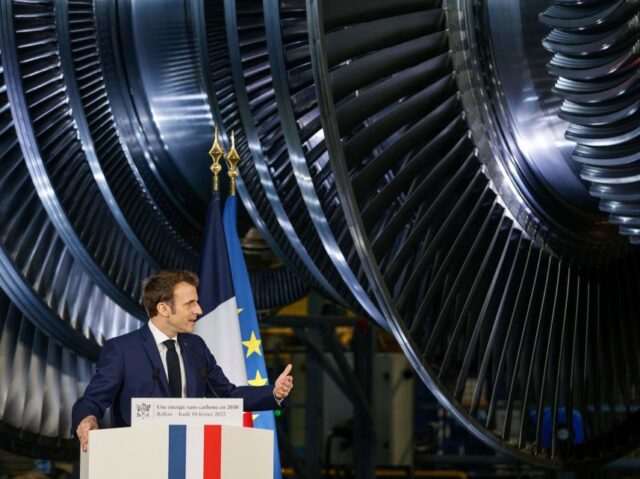 TOPSHOT - French President Emmanuel Macron delivers a speech at the GE Steam Power System