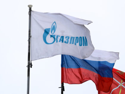 03 March 2022, Russia, St. Petersburg: A flag with the Gazprom logo. Photo: Igor Russak/dpa (Photo by Igor Russak/picture alliance via Getty Images)