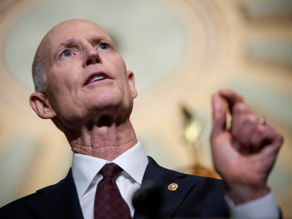 Sen. Rick Scott (R-FL) speaks during a news conference after a closed-door lunch with Senate Republicans at the U.S. Capitol on May 17, 2022 in Washington, DC. Over the weekend, Senate Minority Leader Mitch McConnell led a group of Republicans Senators on a trip to Kyiv to meet with Ukrainian …