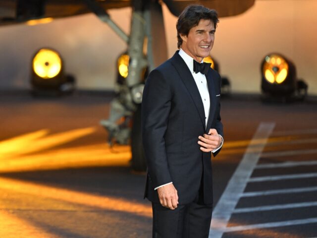 US actor Tom Cruise poses upon arrival for the UK premiere of the film "Top Gun: Mave