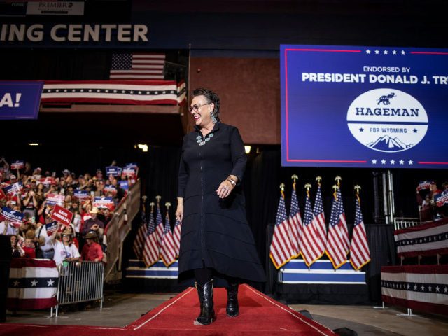 CASPER, WY - MAY 28: Wyoming candidate for Governor Harriet Hageman walks on stage to introduce former President Donald Trump at a rally on May 28, 2022 in Casper, Wyoming. The rally is being held to support Harriet Hageman, Rep. Liz Cheney’s primary challenger in Wyoming. (Photo by Chet Strange/Getty Images)