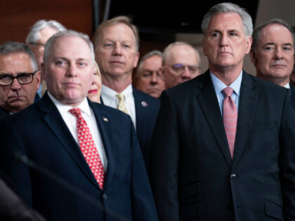 WASHINGTON, DC - JANUARY 20: House Minority Whip Steve Scalise, R-La., and House Minority Leader Kevin McCarthy, R-Calif., listens alongside House Republicans during a news conference on the Biden Administration's first year at the U.S. Capitol on Thursday, Jan. 20, 2022 in Washington, DC. (Photo by Sarah Silbiger for The …