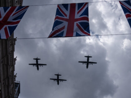 LONDON, ENGLAND - JUNE 02: Royal Air Force aircraft perform a flypast on June 2, 2022 in L