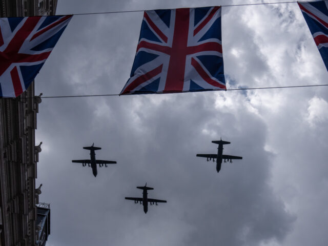 LONDON, ENGLAND - JUNE 02: Royal Air Force aircraft perform a flypast on June 2, 2022 in London, England. The Platinum Jubilee of Elizabeth II is being celebrated from June 2 to June 5, 2022, in the UK and Commonwealth to mark the 70th anniversary of the accession of Queen …