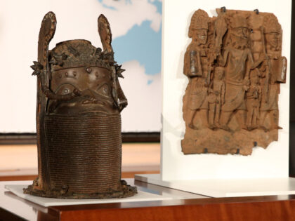 Sculptures known as the "Benin Bronzes" are pictured at a ceremony for the signing of an a