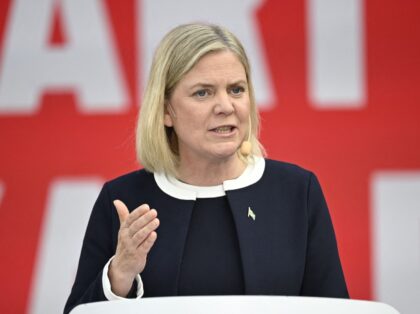 Sweden's Prime Minister Magdalena Andersson speaks during a press conference in Visby