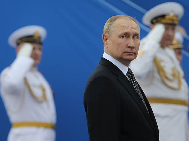 Russian President Vladimir Putin seen during the Navy Day Parade, on July, 31 2022, in Saint Petersburg, Russia. President Vladimir Putin has arrived to Saint Petersburg to review Main Naval Parade involving over 50 military ships on Russia's Navy Day. (Photo by Contributor/Getty Images)