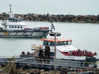 Groups of people thought to be migrants are brought in to Ramsgate, Kent, onboard Border Force vessels following a number of small boat incidents in the Channel. Picture date: Monday August 1, 2022. (Photo by Gareth Fuller/PA Images via Getty Images)