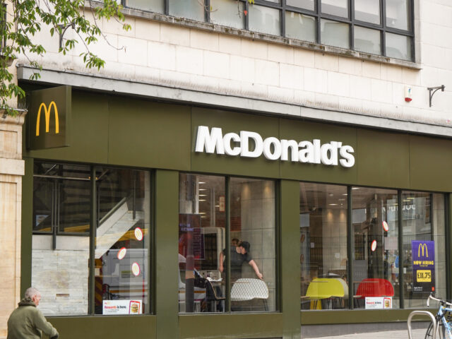 A McDonald's logo is seen in Nottingham city centre on 2 August 2022. (Photo Illustration