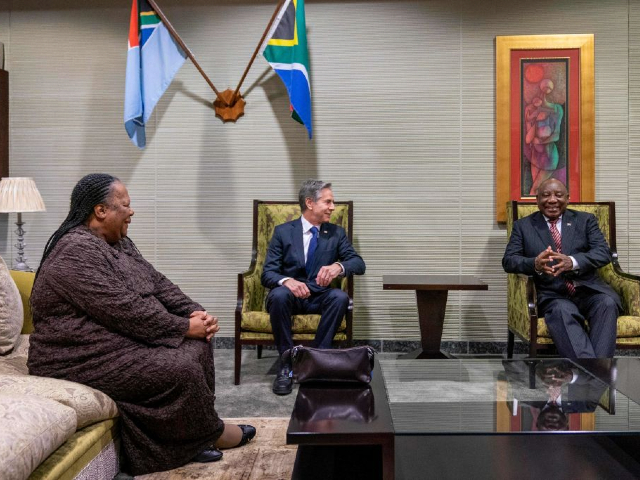 From left, South Africa's Foreign Minister Naledi Pandor, US Secretary of State Antony Blinken and South Africa's President Cyril Ramaphosa meet at Waterkloof Airforce Base in Centurion on August 9, 2022. - Blinken is on a ten day trip to Cambodia, Philippines, South Africa, Congo, and Rwanda. (Photo by Andrew Harnik / POOL / AFP) (Photo by ANDREW HARNIK/POOL/AFP via Getty Images)