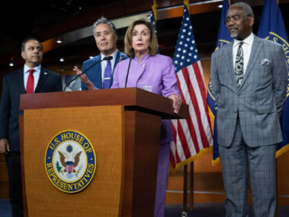 US Speaker of the House Nancy Pelosi (D-CA) (C) speaks about her trip to Asia last week, during a press conference on Capitol Hill in Washington, DC, on August 10, 2022. - Also pictured are members of the Congressional delegation who joined Pelosi on the trip, including (L-R) US Representative …
