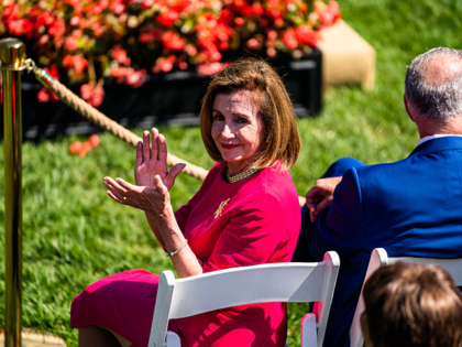 Speaker of the House Nancy Pelosi (D-CA) during the signing of the CHIPS and Science Act of 2022, on the South Lawn of the White House in Washington, Tuesday, August 9, 2022. Left to right: Founder and CEO of SparkCharge Joshua Aviv, US President Joe Biden, and Speaker of the …
