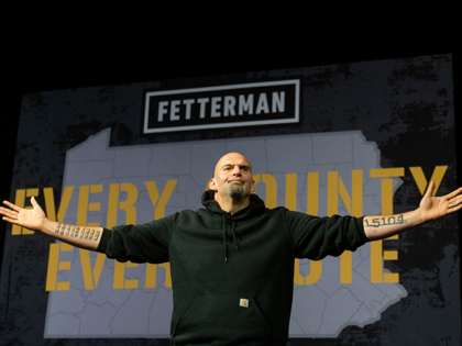 Democratic Senate candidate Lt. Gov. John Fetterman (D-PA) is welcomed on stage during a r