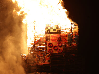 The burning of a bonfire to mark the Catholic Feast of the Assumption in the Bogside area of Londonderry, Northern Ireland. Picture date: Monday August 15, 2022. (Photo by Liam McBurney/PA Images via Getty Images)