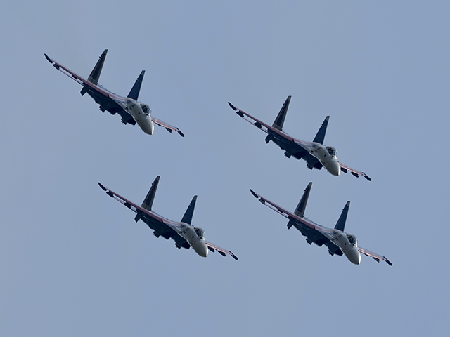 Sukhoi Su-35S aircrafts perform during the International Military-Technical Forum "Army 20