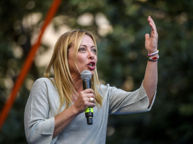 ANCONA, ITALY - AUGUST 23: Fratelli d'Italia Leader Giorgia Meloni delivers her speech during the start of electoral campaign ahead of the Italian general election, on August 23, 2022 in Ancora, Italy. (Photo by Antonio Masiello/Getty Images)