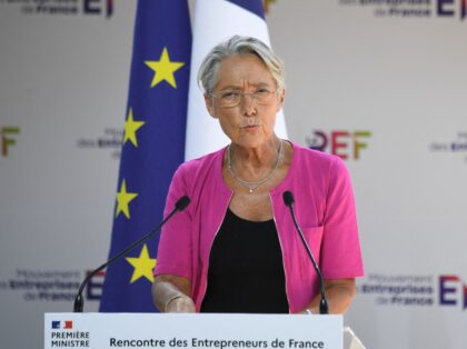 France's Prime Minister Elisabeth Borne delivers a speech during the Medef summer conference at the Hippodrome de Longchamp racetrack in Paris on August 29, 2022. (Photo by Eric PIERMONT / AFP) (Photo by ERIC PIERMONT/AFP via Getty Images)