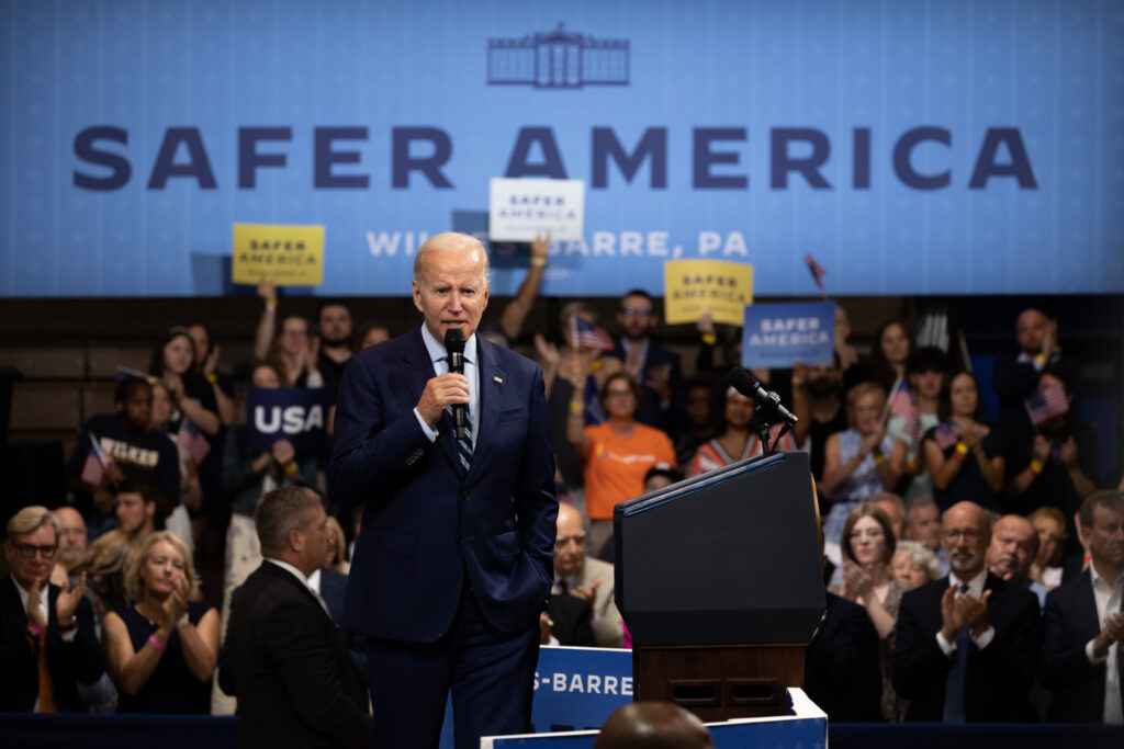 US President Joe Biden speaks at the Arnaud C. Marts Center in Wilkes-Barre, Pennsylvania, US, on Tuesday, Aug. 30, 2022. Biden is kicking off a travel stretch intended to save the Democratic Party's majorities in Congress with today's speech on his crime-prevention initiative, the Safer America Plan. Photographer: Hannah Beier/Bloomberg via Getty Images