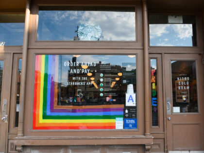NEW YORK, NEW YORK - JUNE 26: Rainbow art is seen outside Starbucks in the West Village on