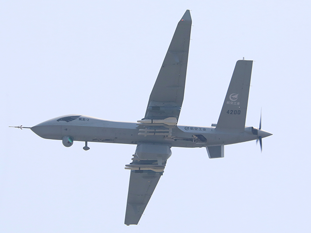 A Yilong II (Wing-Loong II) unmanned reconnaissance-strike drone demonstrates on the openi