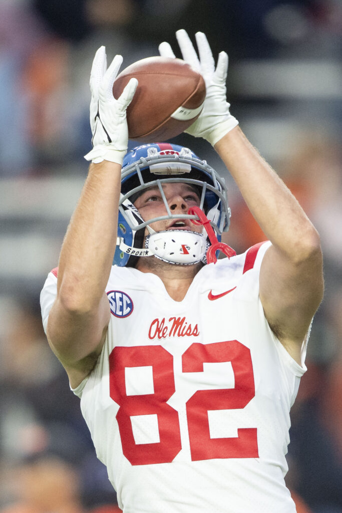 AUBURN, ALABAMA - OCTOBER 30: Tight end Luke Knox #82 of the Mississippi Rebels prior to their game against the Auburn Tigers at Jordan-Hare Stadium on October 30, 2021 in Auburn, Alabama. (Photo by Michael Chang/Getty Images)